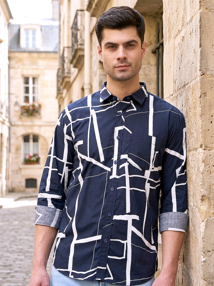 donlay navy blue printed slim-fit casual shirt