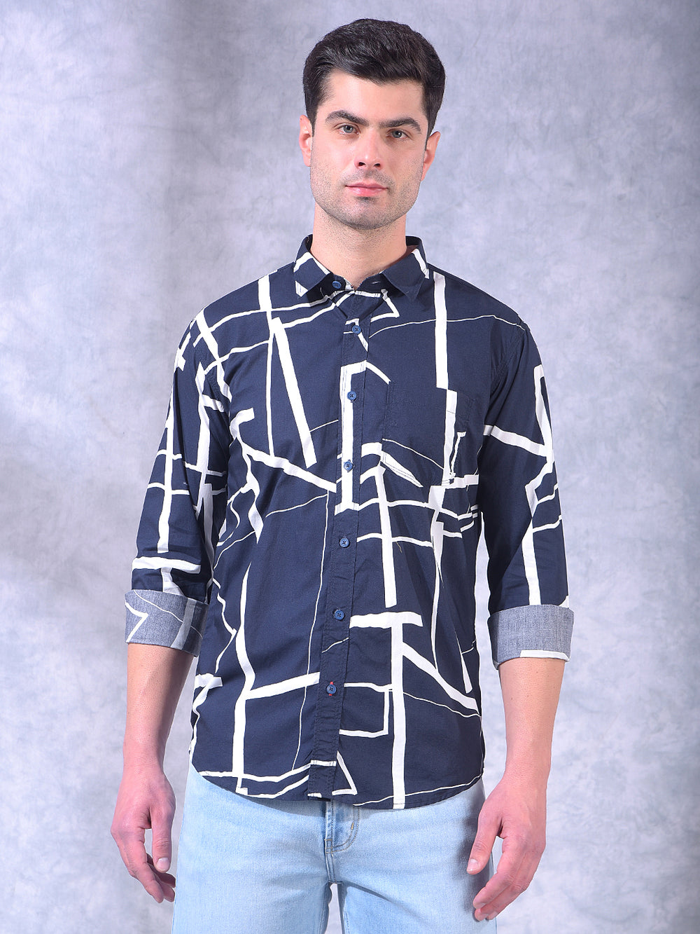 donlay navy blue printed slim-fit casual shirt