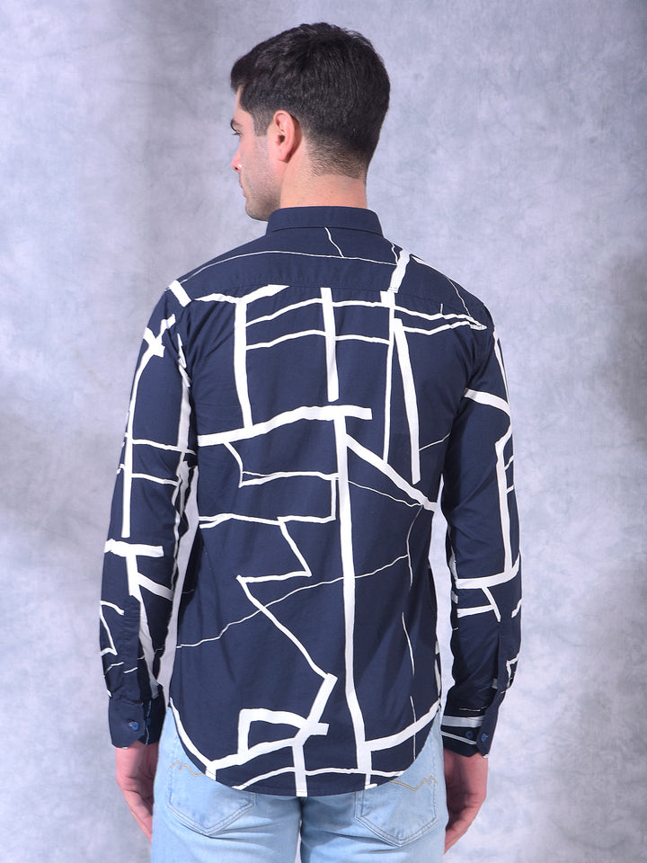 donlay navy blue printed slim-fit casual shirt