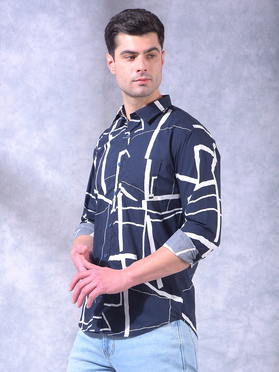 donlay navy blue printed slim-fit casual shirt