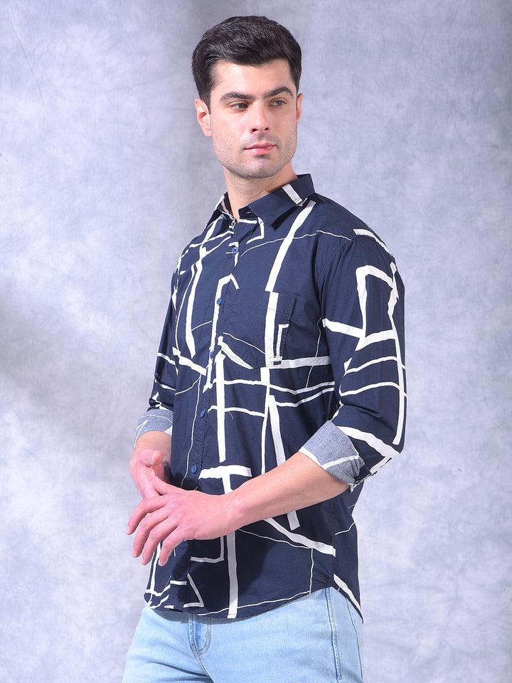 donlay navy blue printed slim-fit casual shirt