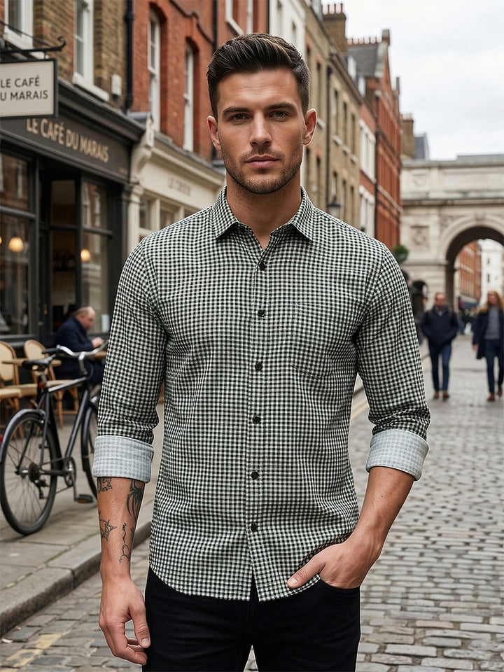 donlay black checked slim-fit casual shirt