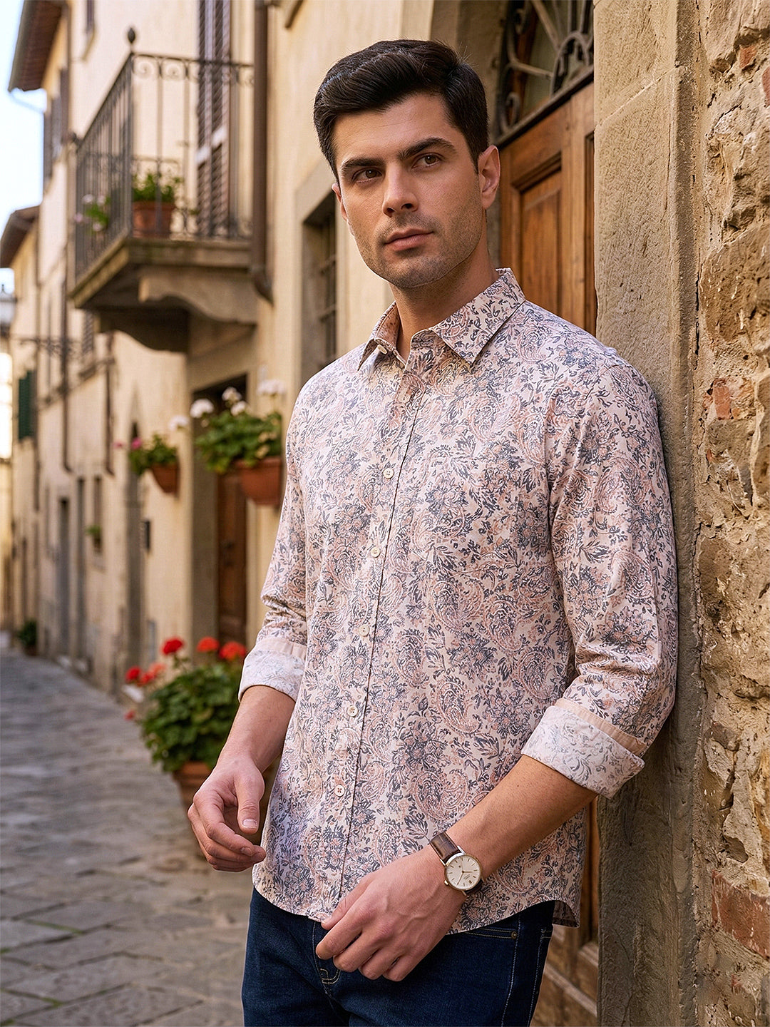 donlay peach printed slim-fit casual shirt