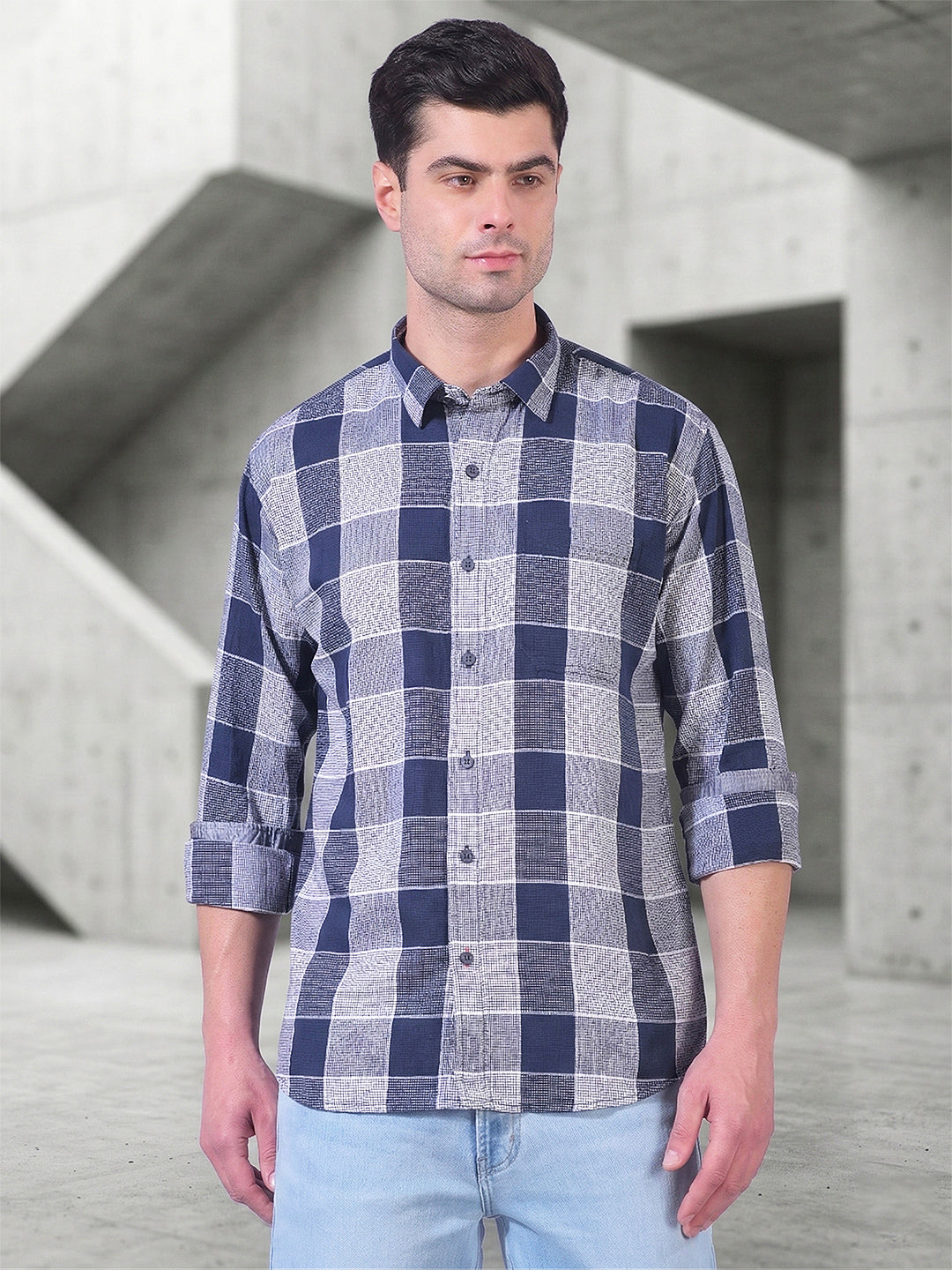 donlay navy checked slim-fit casual shirt