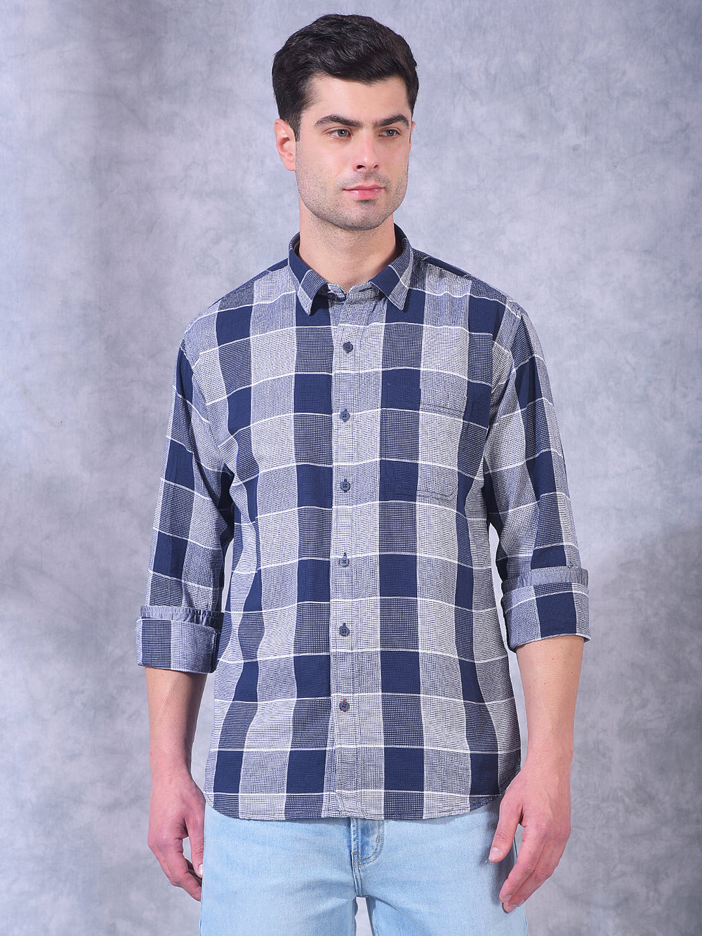 donlay navy checked slim-fit casual shirt