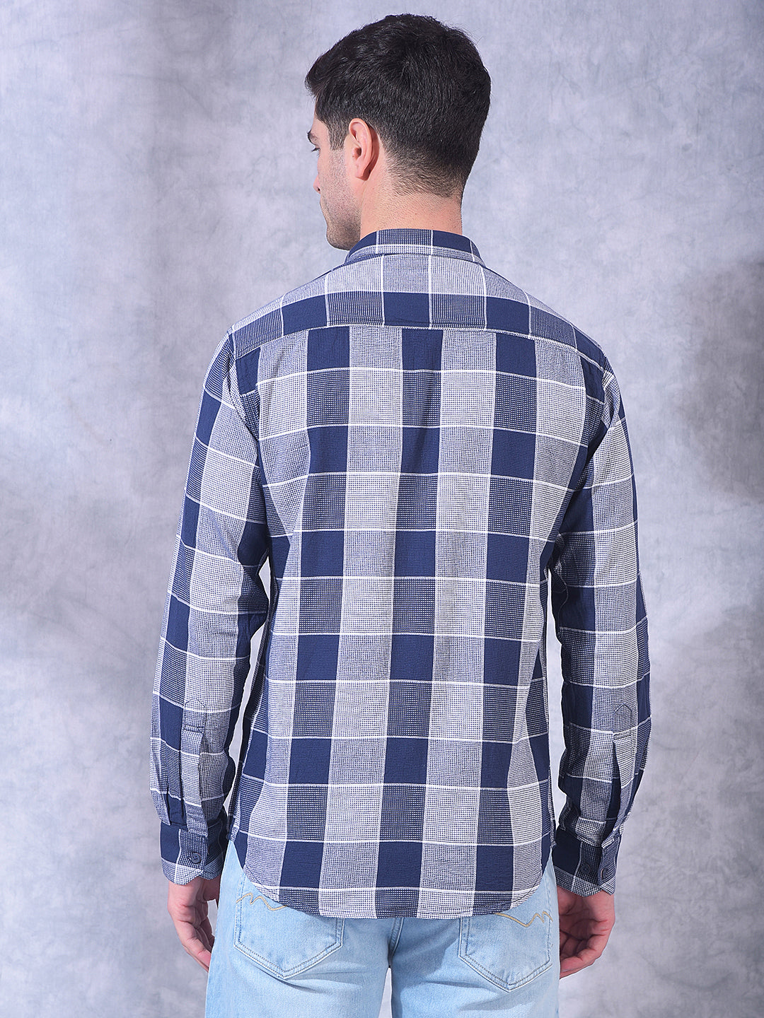 donlay navy checked slim-fit casual shirt