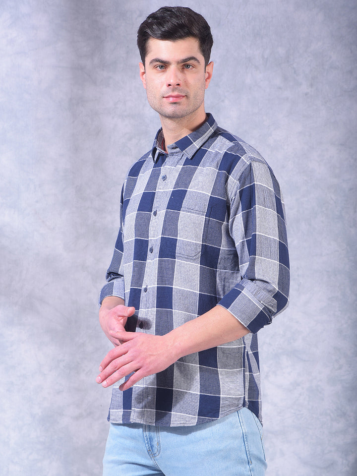 donlay navy checked slim-fit casual shirt
