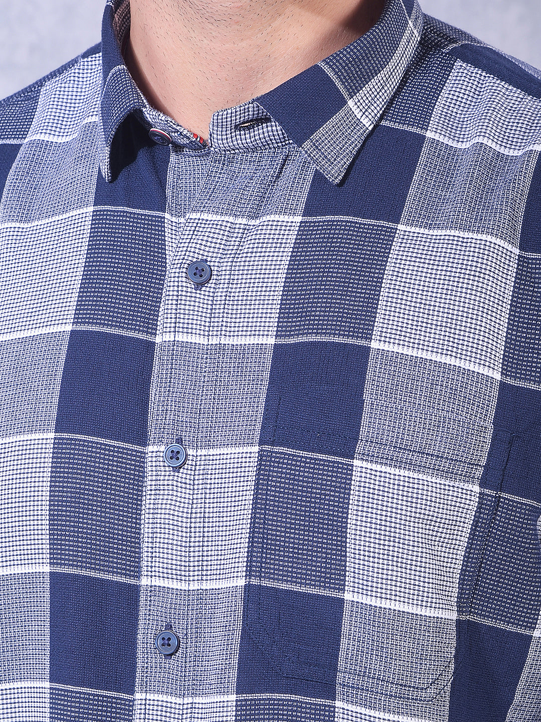 DONLAY NAVY CHECKED SLIM-FIT CASUAL SHIRT