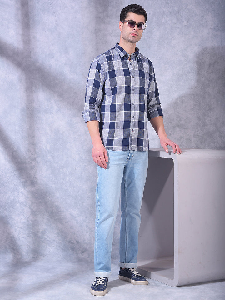 DONLAY NAVY CHECKED SLIM-FIT CASUAL SHIRT