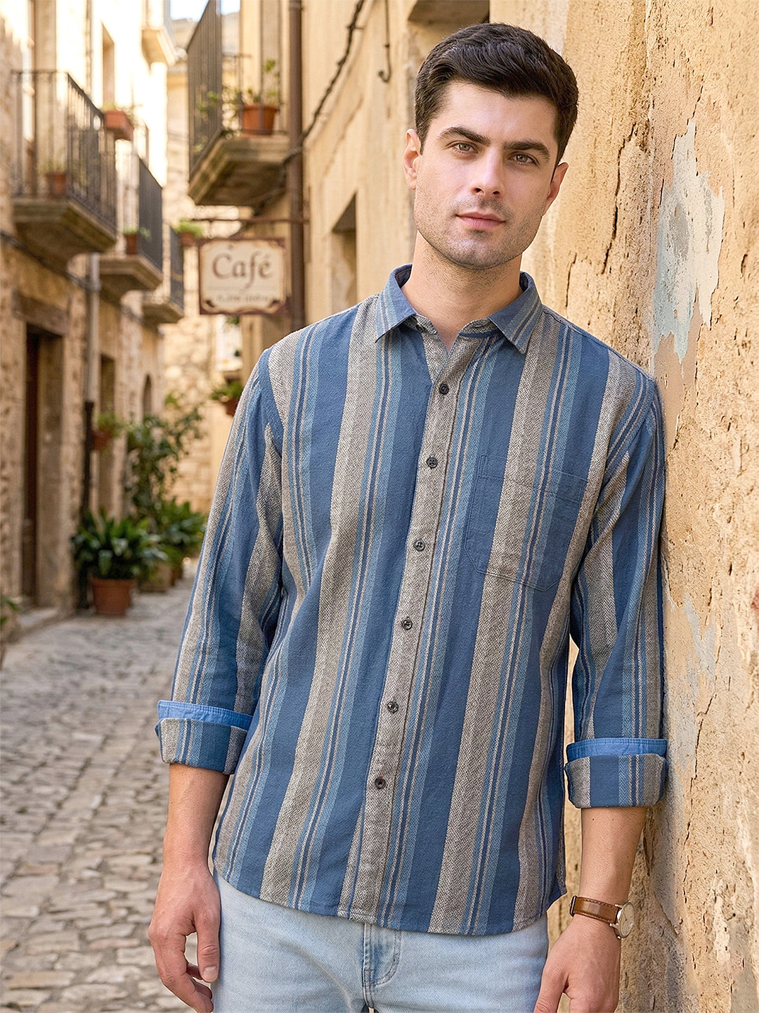 donlay airforce blue striped slim-fit casual shirt