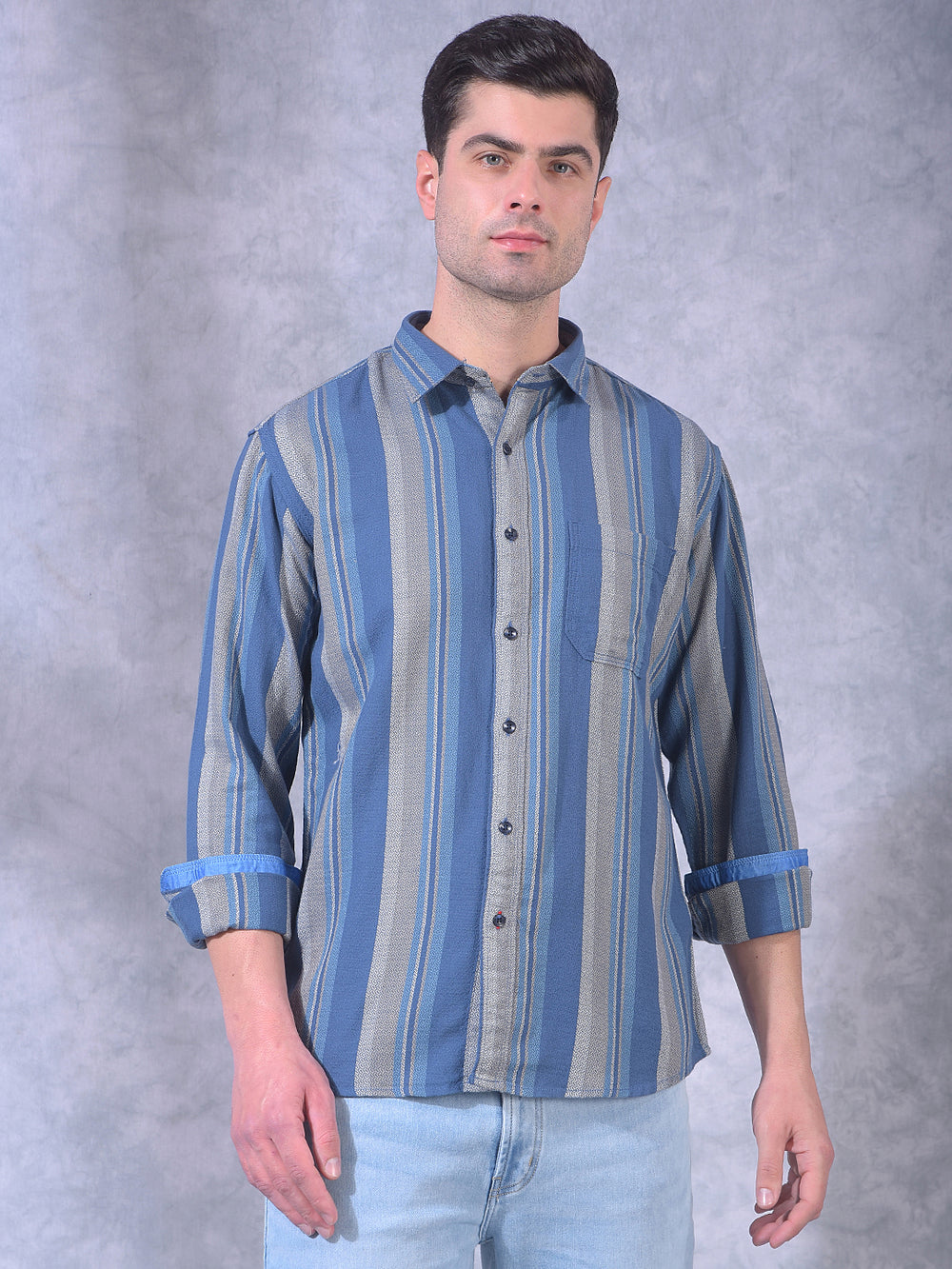 donlay airforce blue striped slim-fit casual shirt