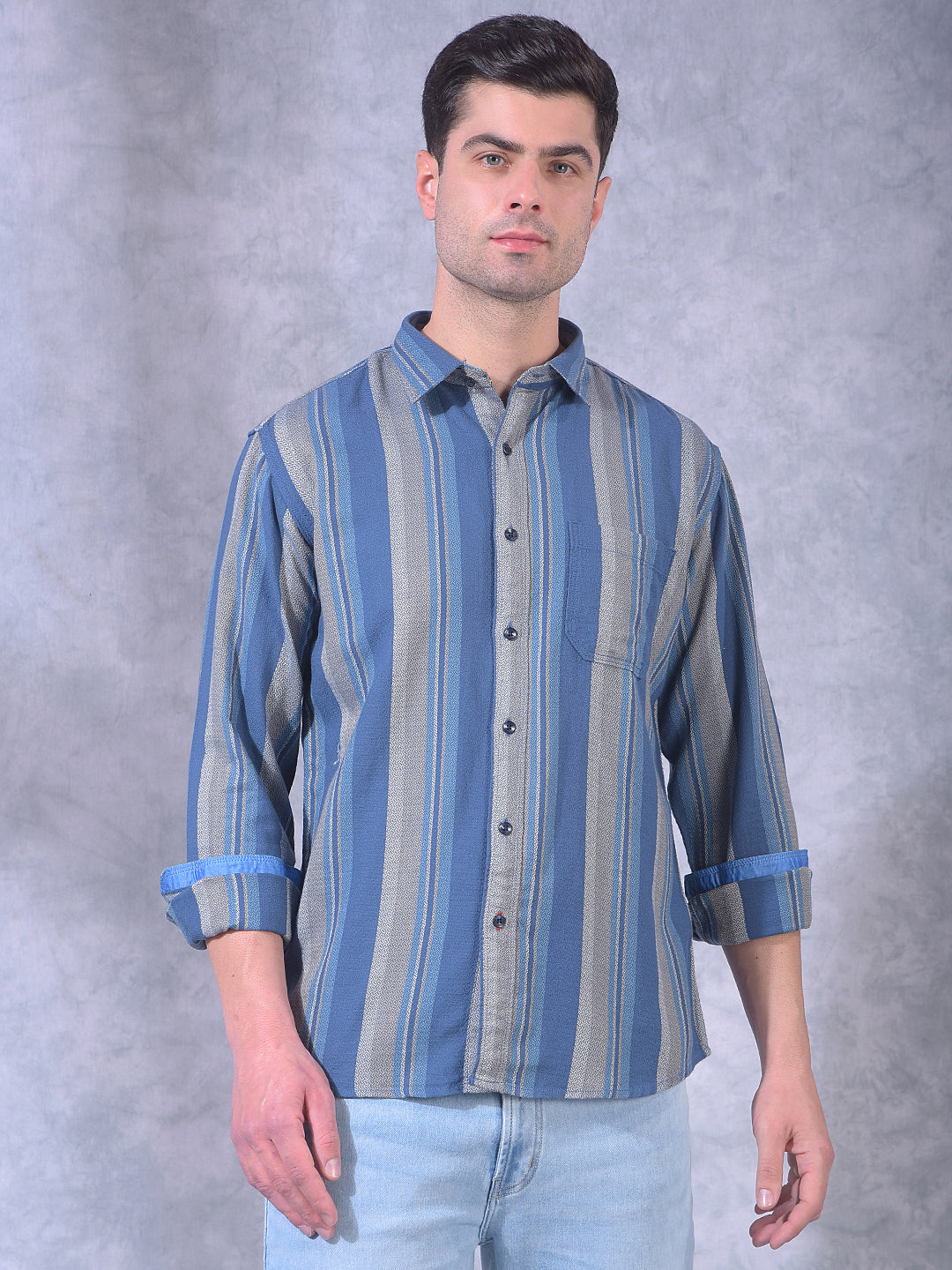 donlay airforce blue striped slim-fit casual shirt