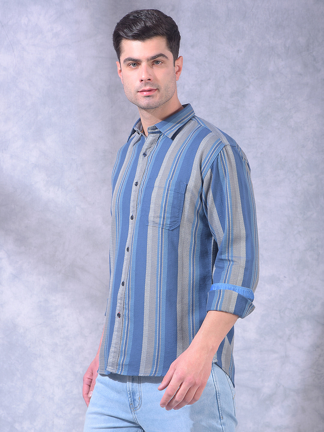 donlay airforce blue striped slim-fit casual shirt