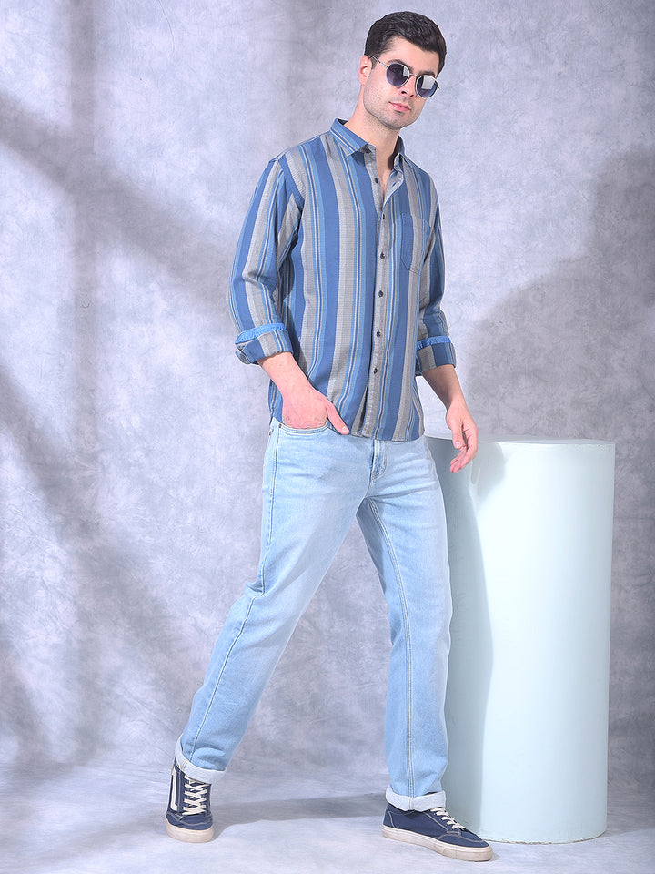 DONLAY AIRFORCE BLUE STRIPED SLIM-FIT CASUAL SHIRT