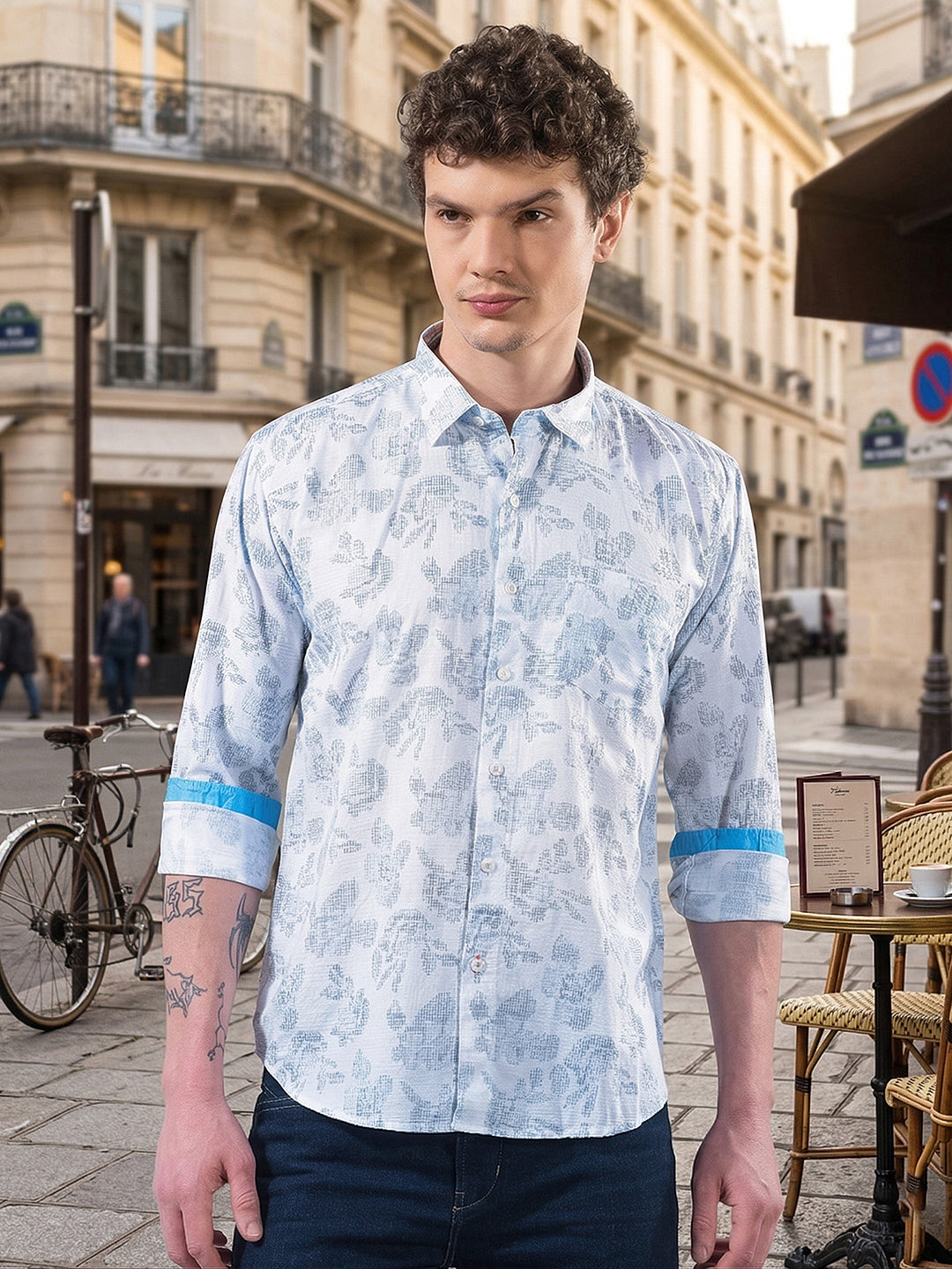 donlay men's blue printed slim-fit casual shirt