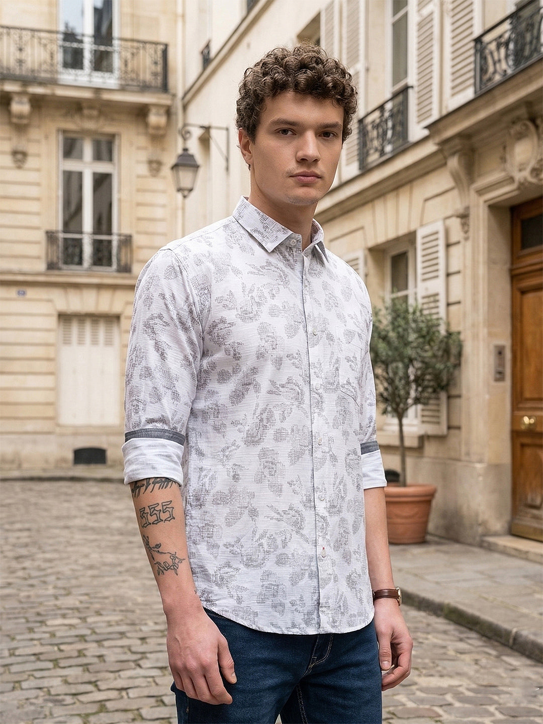 donlay grey printed slim-fit casual shirt