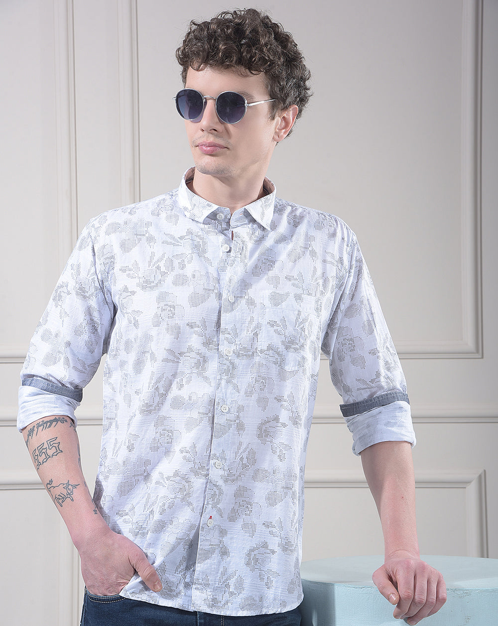donlay grey printed slim-fit casual shirt