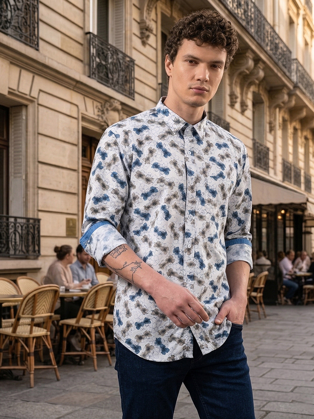 donlay blue printed slim-fit casual shirt