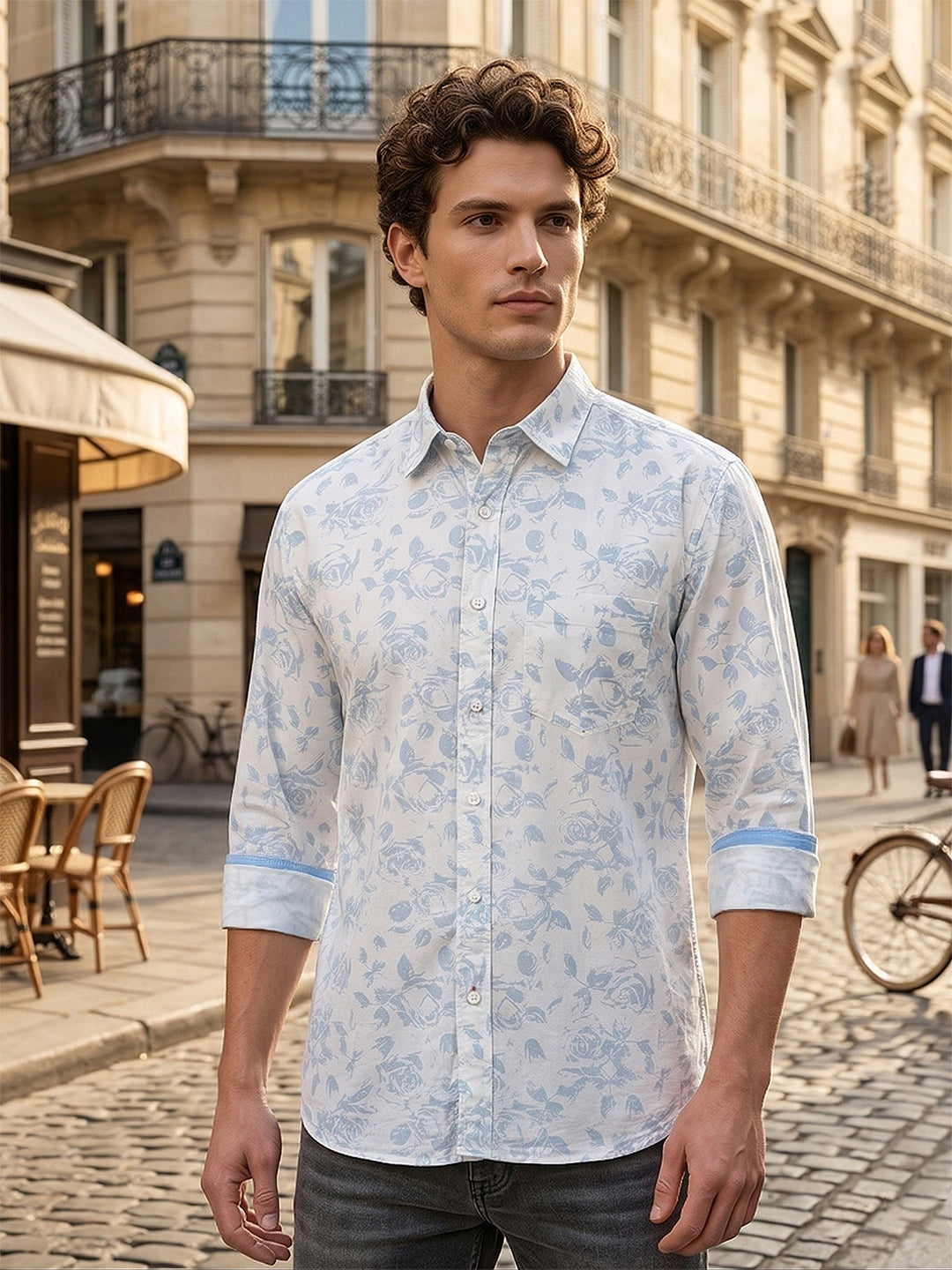 donlay sky blue printed slim-fit casual shirt