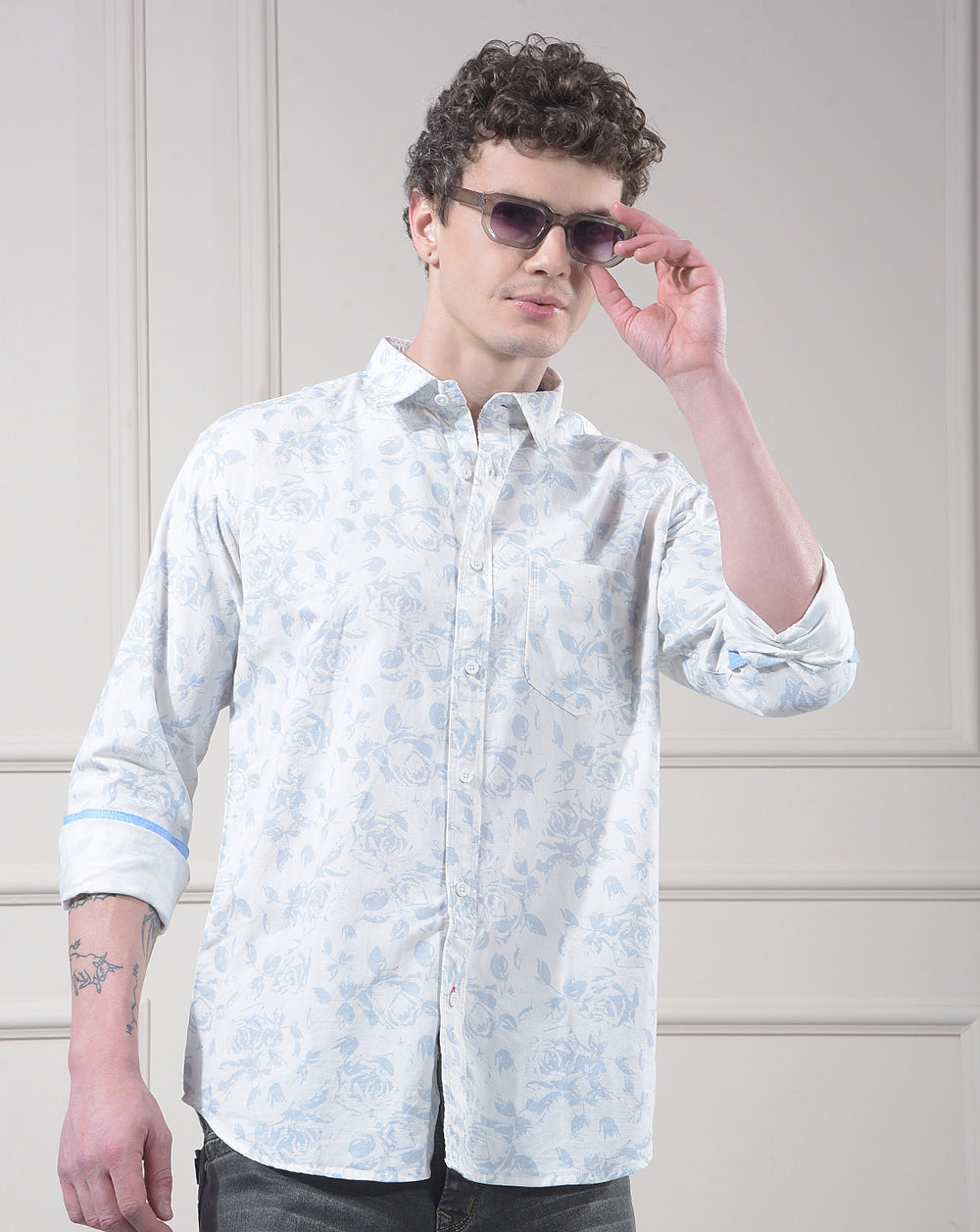 donlay sky blue printed slim-fit casual shirt