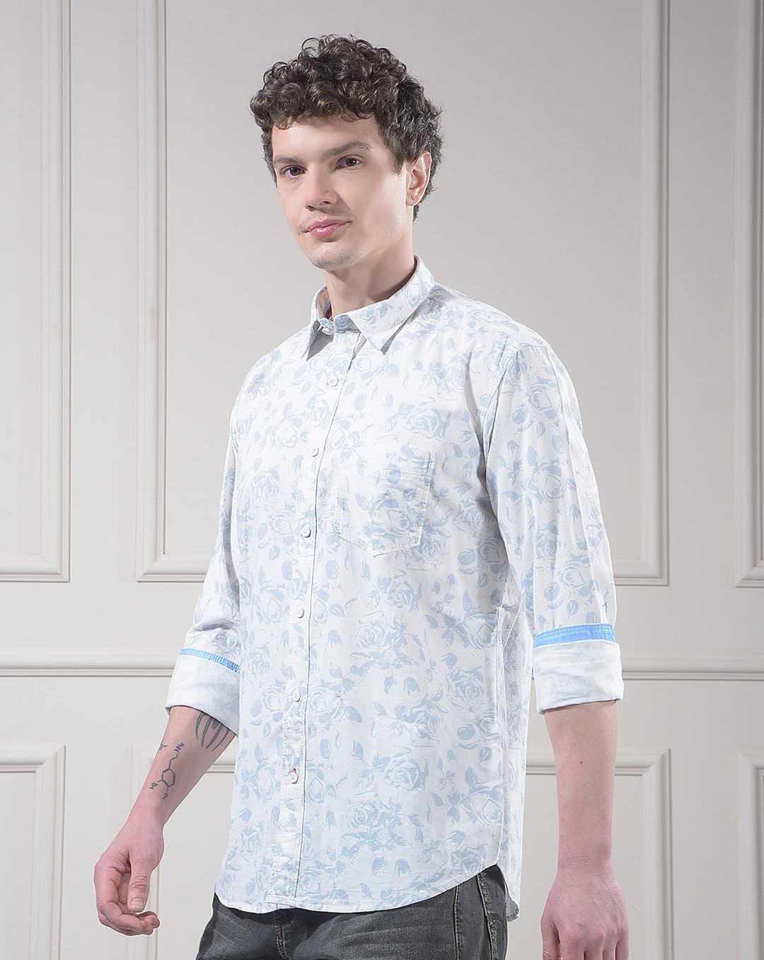 donlay sky blue printed slim-fit casual shirt
