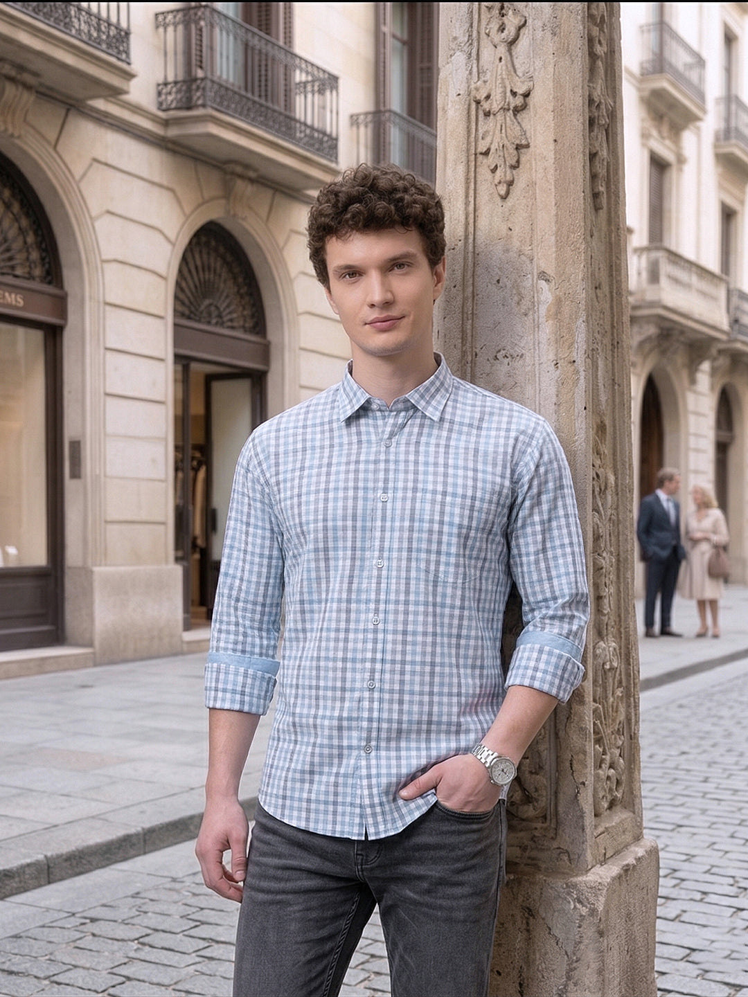 donlay blue slim-fit checked casual shirt