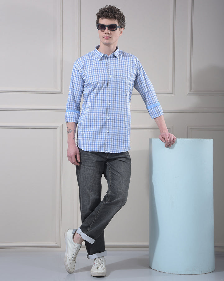 DONLAY BLUE SLIM-FIT CHECKED CASUAL SHIRT