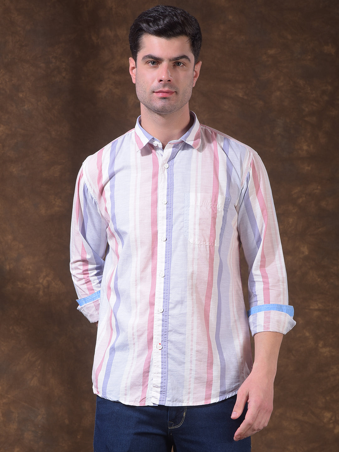donlay pink striped slim-fit casual shirt