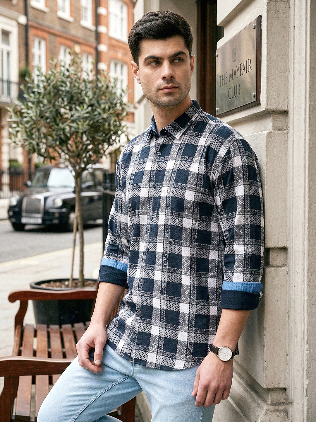 donlay men's navy blue checked slim-fit casual shirt