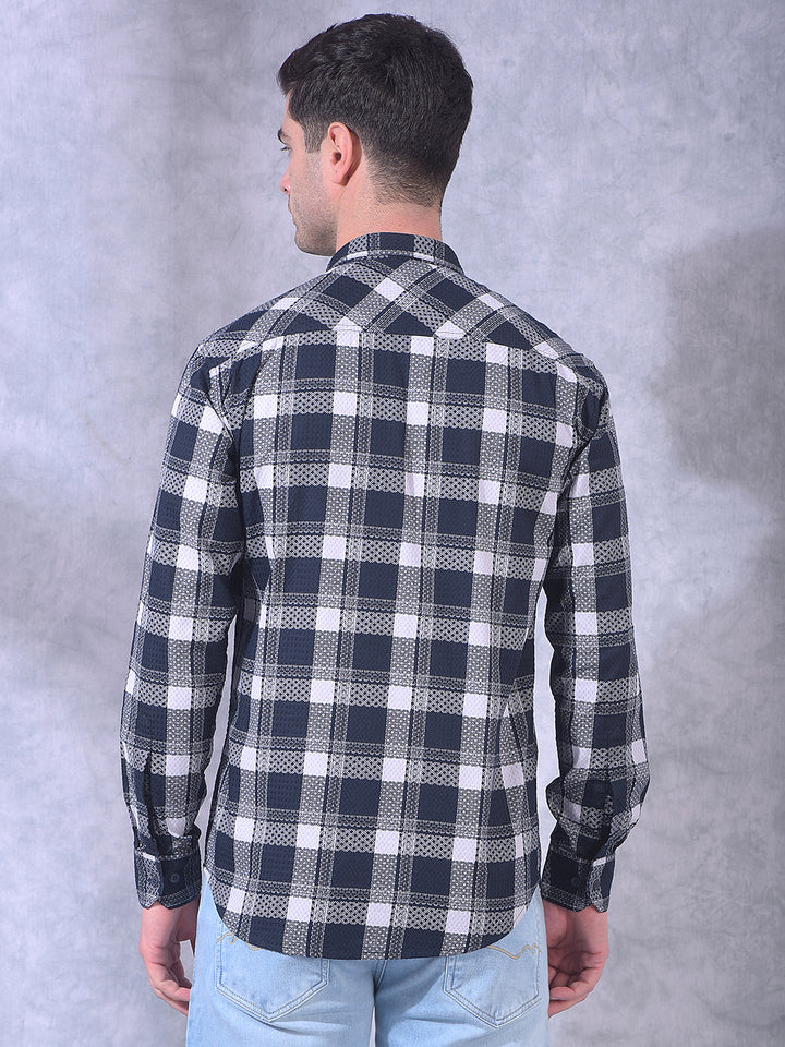 donlay men's navy blue checked slim-fit casual shirt