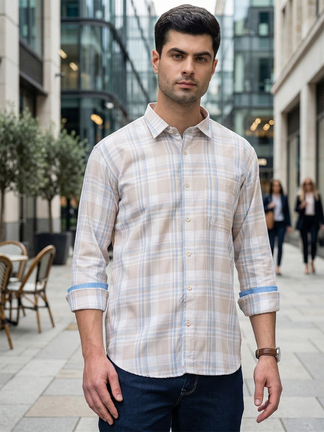 donlay pink checked slim-fit casual shirt