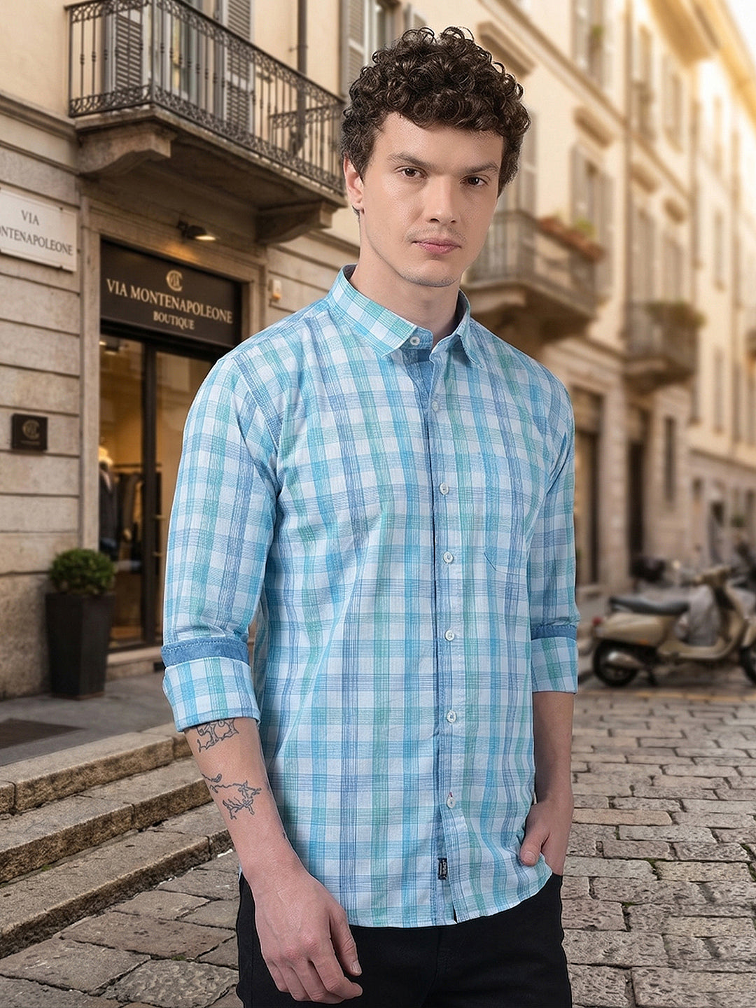 donlay light blue checked slim-fit casual shirt