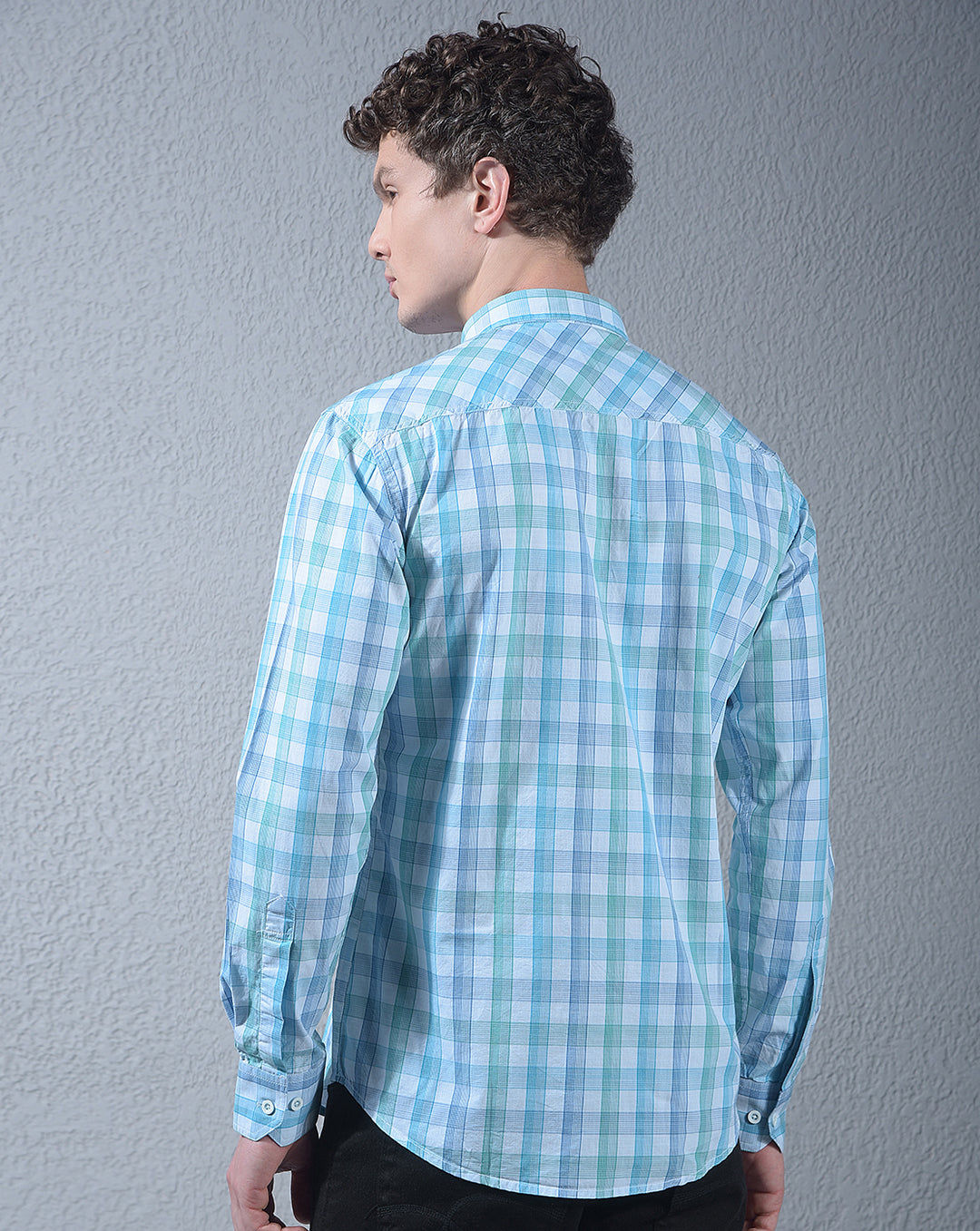 donlay light blue checked slim-fit casual shirt