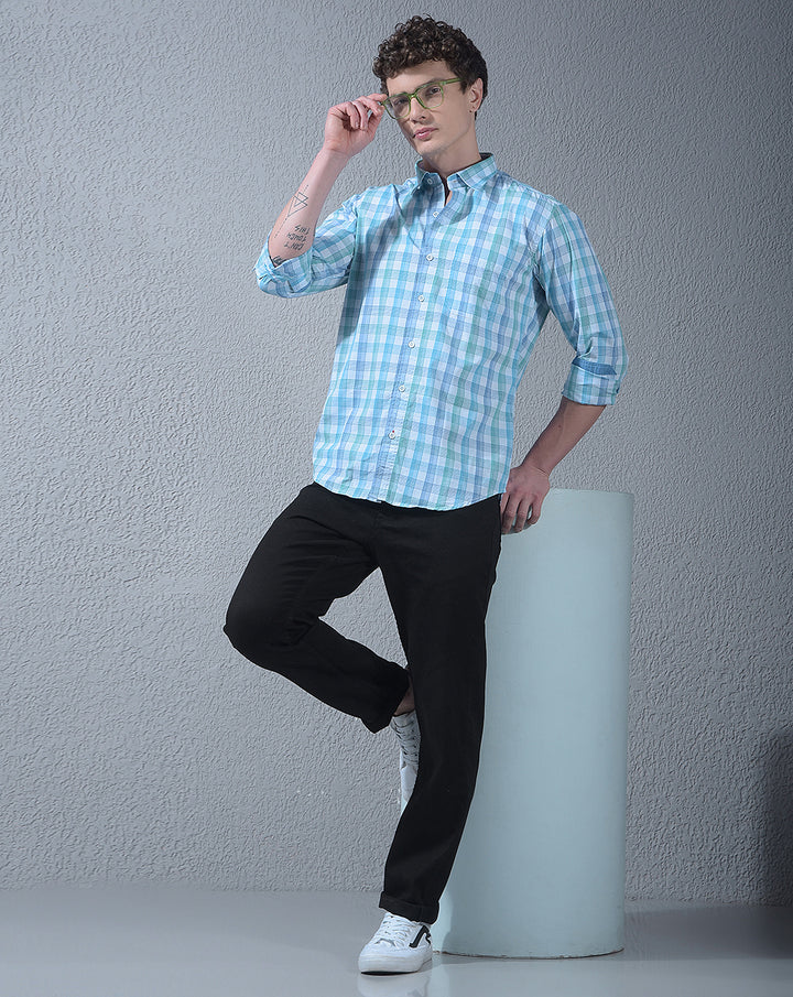 DONLAY LIGHT BLUE CHECKED SLIM-FIT CASUAL SHIRT
