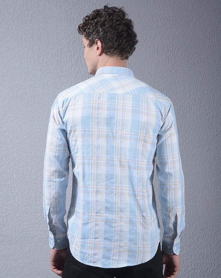 donlay blue checked slim-fit casual shirt