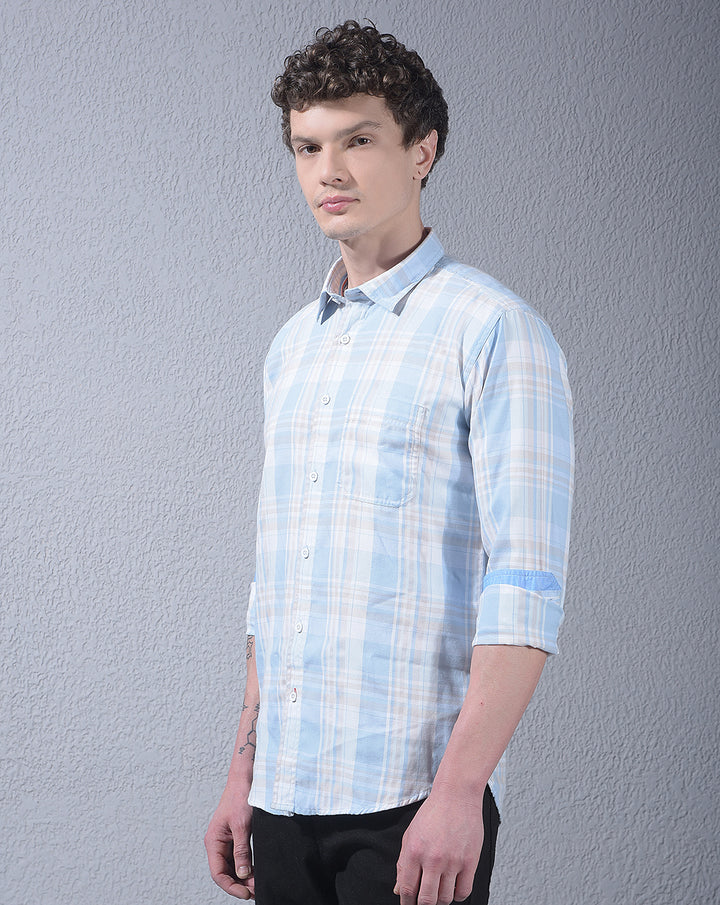 donlay blue checked slim-fit casual shirt