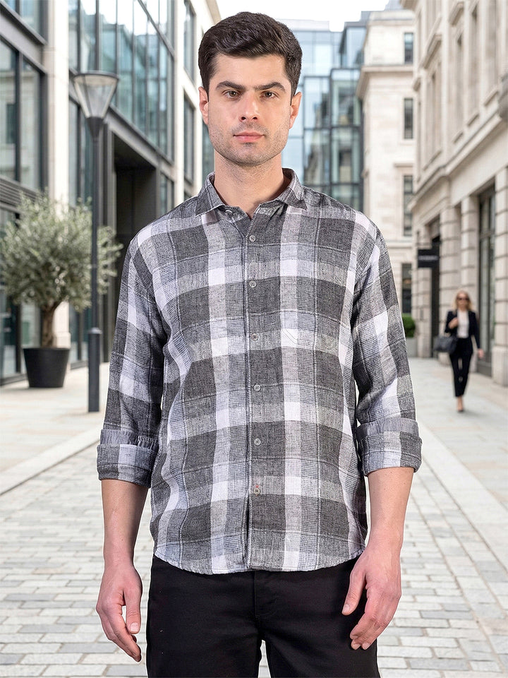 donlay grey checked slim-fit casual shirt