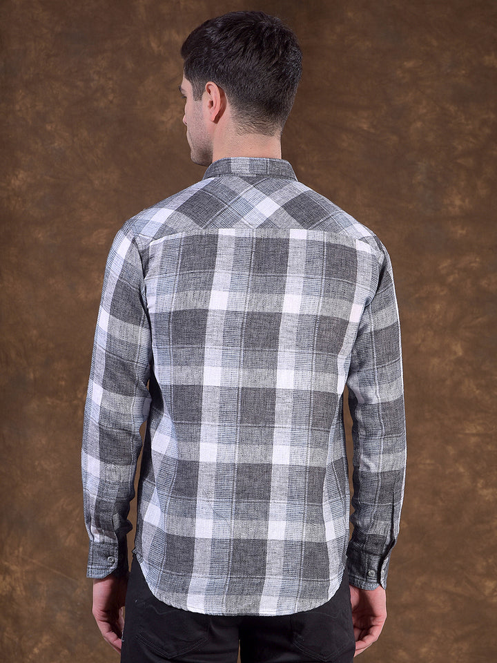 donlay grey checked slim-fit casual shirt
