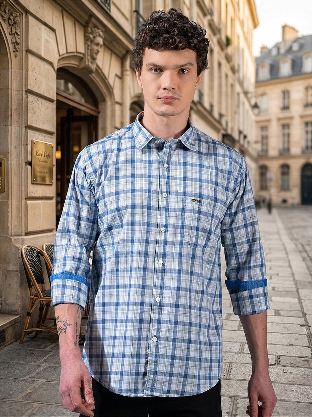 donlay green slim-fit checked casual shirt