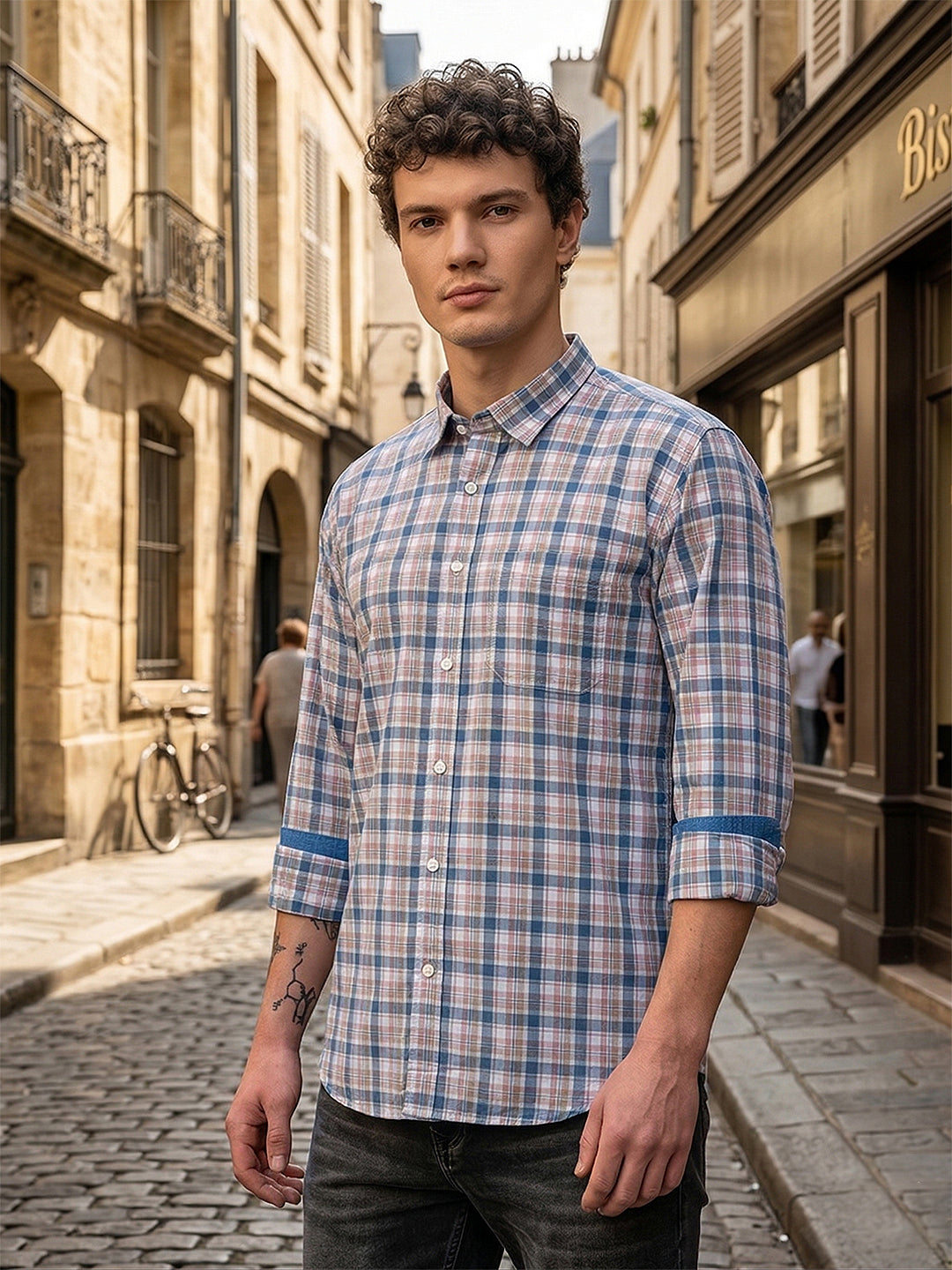 donlay men's pink checked slim-fit casual shirt