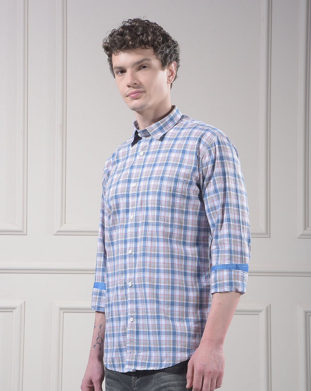 donlay men's pink checked slim-fit casual shirt