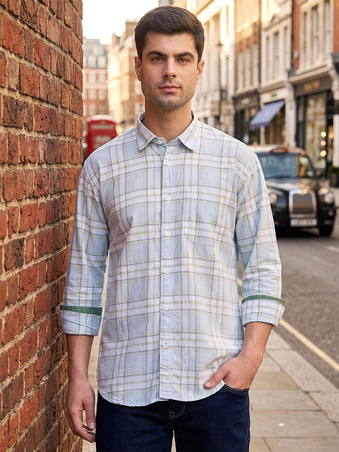 donlay men's sky blue checked slim-fit casual shirt