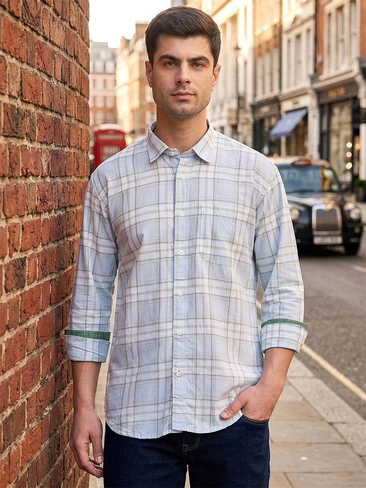 donlay men's sky blue checked slim-fit casual shirt