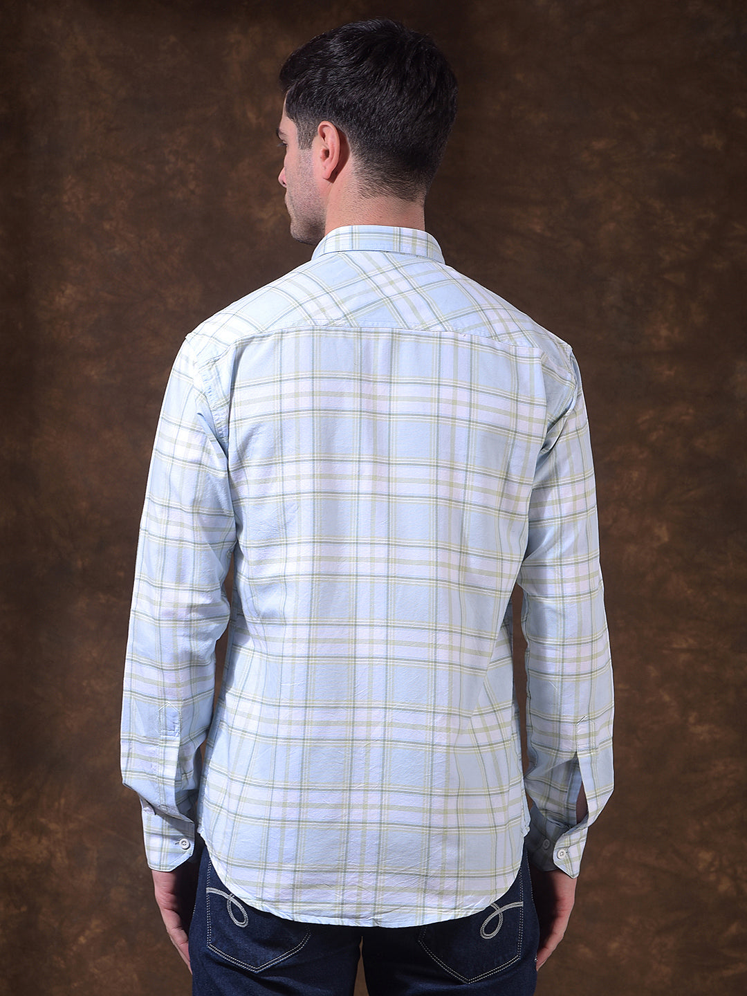 donlay men's sky blue checked slim-fit casual shirt