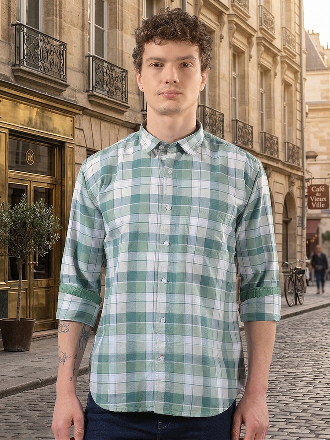 donlay green slim-fit checked  casual shirt