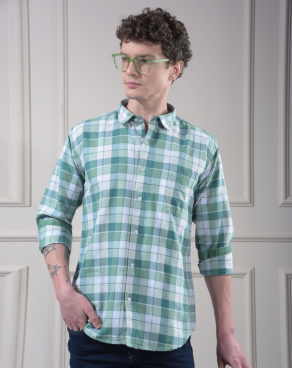 donlay green slim-fit checked  casual shirt