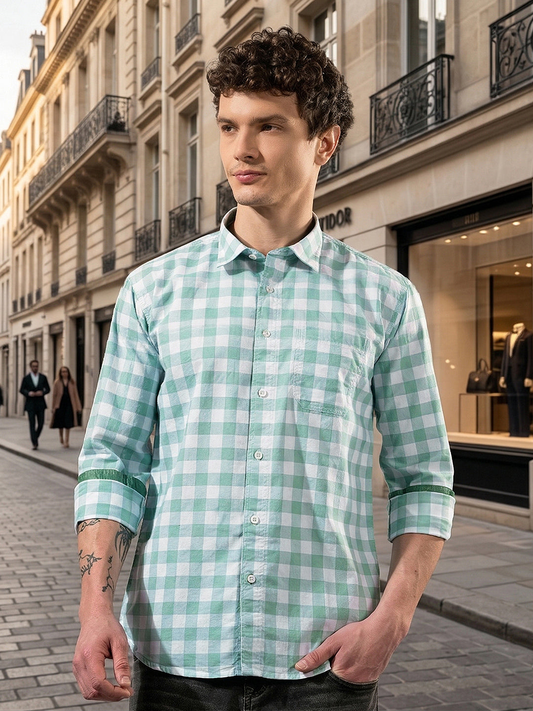 donlay men's green slim-fit checked casual shirt