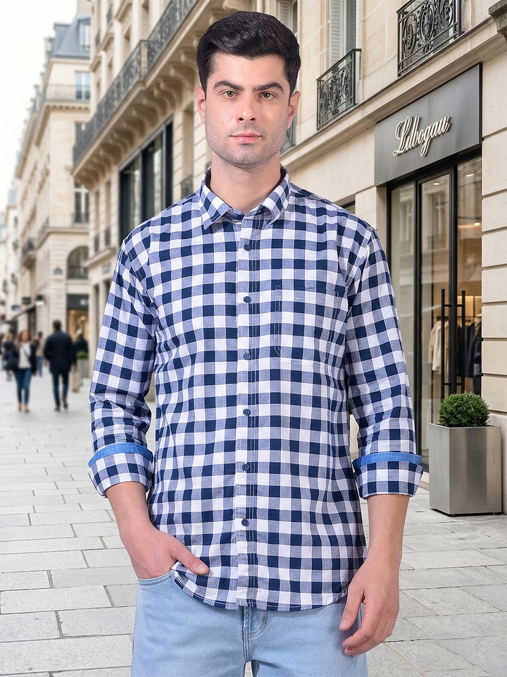 donlay navy blue checked slim-fit casual shirt