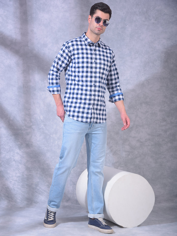 DONLAY NAVY BLUE CHECKED SLIM-FIT CASUAL SHIRT