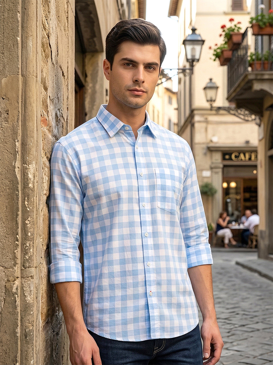 donlay sky blue checked slim-fit casual shirt